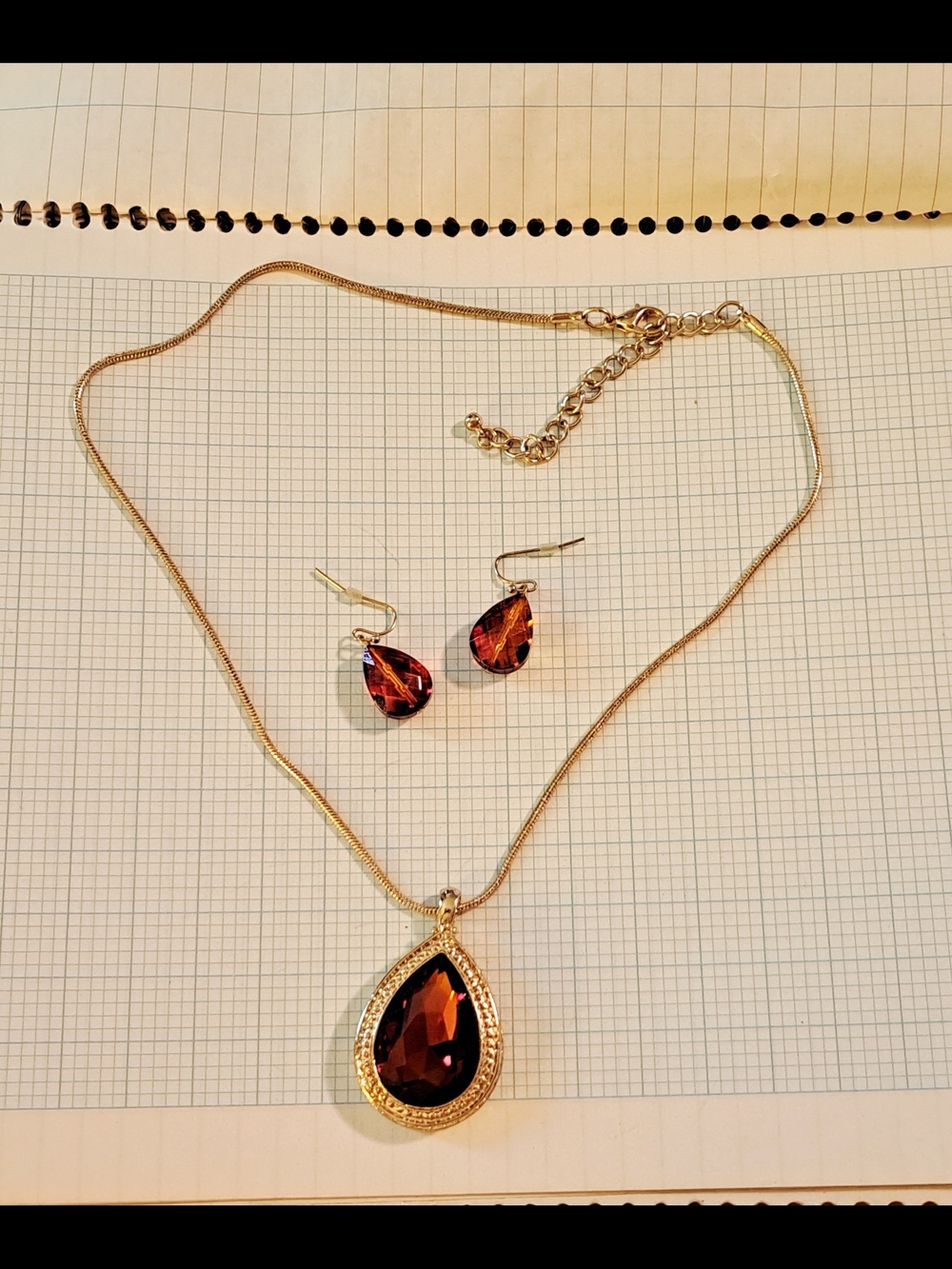 Gold Teardrop Necklace & Earrings Set with Amber Teardrop Faux Gem Stones